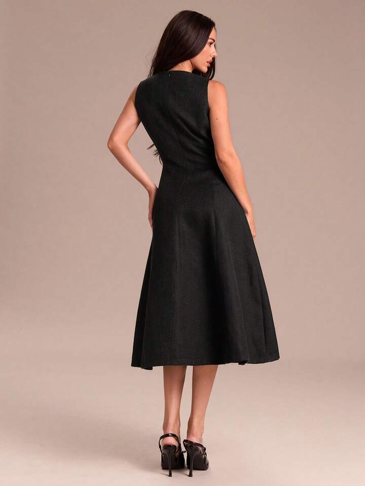 CM-DS919991 Women Elegant Seoul Style Tweed V-Neck Wide Strap Front Button Midi Dress - Black
