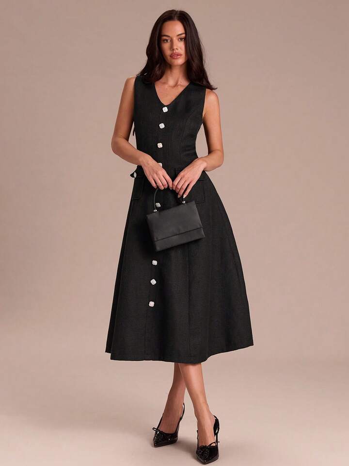 CM-DS919991 Women Elegant Seoul Style Tweed V-Neck Wide Strap Front Button Midi Dress - Black