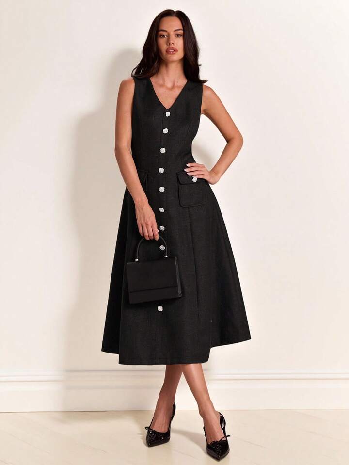 CM-DS919991 Women Elegant Seoul Style Tweed V-Neck Wide Strap Front Button Midi Dress - Black