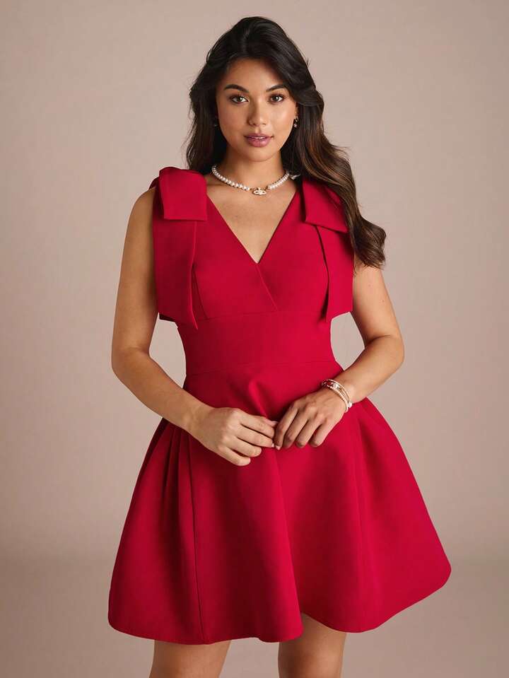 CM-DS233677 Women Elegant Seoul Style V-Neck Sleeveless Bow Shoulder Decoration Dress - Red