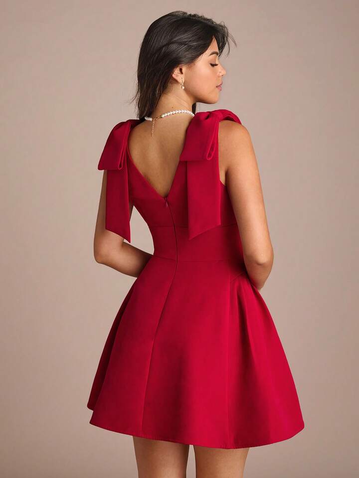 CM-DS233677 Women Elegant Seoul Style V-Neck Sleeveless Bow Shoulder Decoration Dress - Red