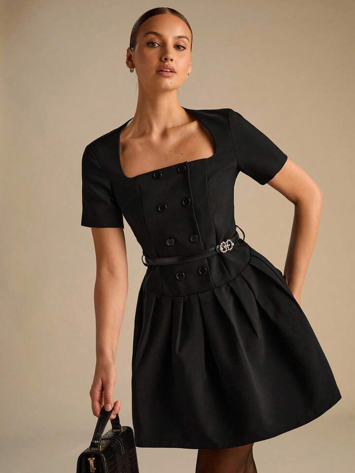 CM-DS669994 Women Elegant Seoul Style Square Collar Double-Breasted Pleated Short Sleeves PU Belt Mini Dress