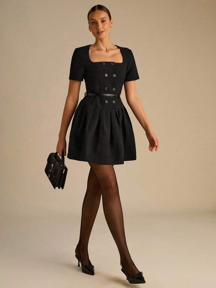 CM-DS669994 Women Elegant Seoul Style Square Collar Double-Breasted Pleated Short Sleeves PU Belt Mini Dress
