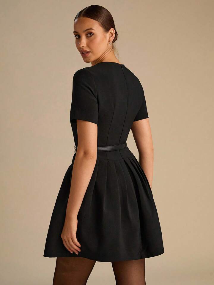 CM-DS669994 Women Elegant Seoul Style Square Collar Double-Breasted Pleated Short Sleeves PU Belt Mini Dress