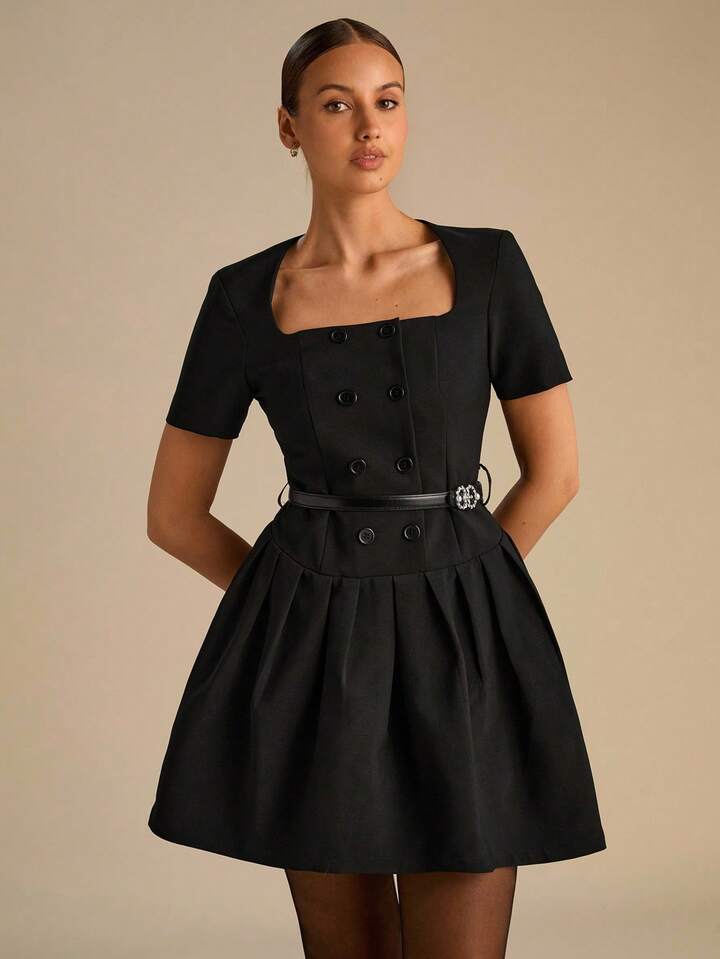CM-DS669994 Women Elegant Seoul Style Square Collar Double-Breasted Pleated Short Sleeves PU Belt Mini Dress