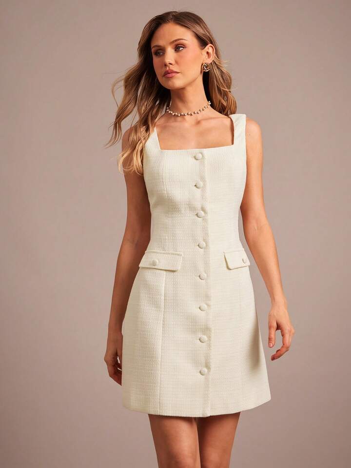 CM-DS319779 Women Elegant Seoul Style Square Neck Front Button Sleeveless Mini Dress - Beige