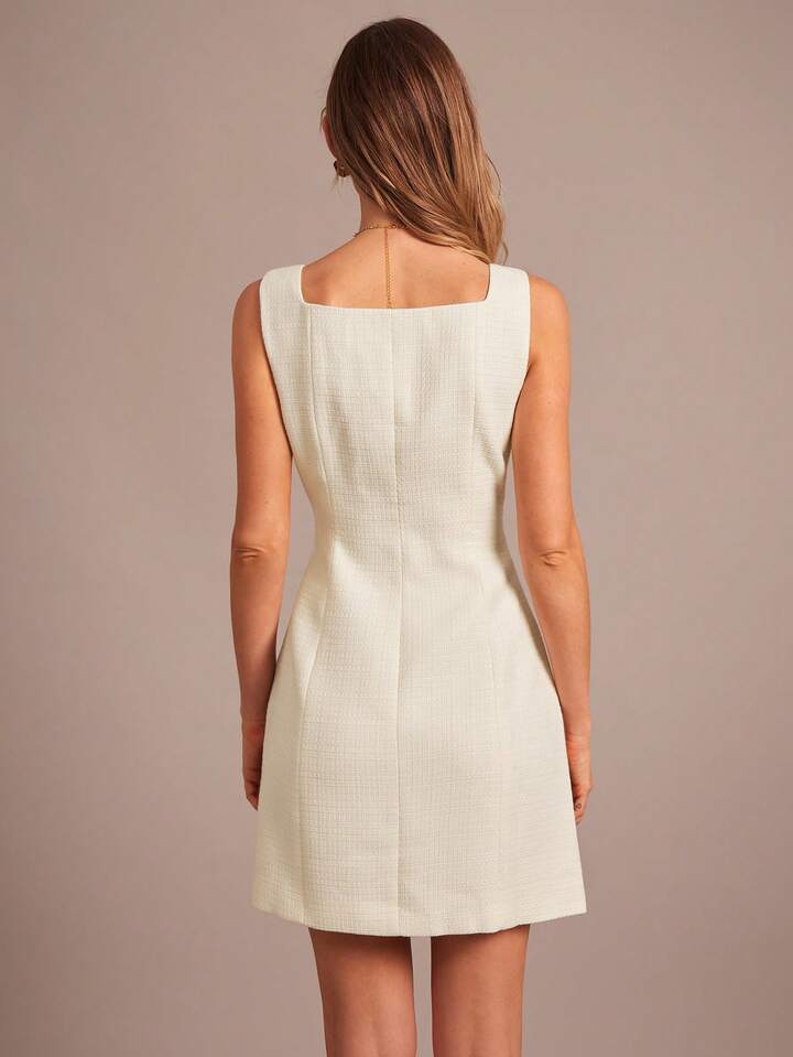 CM-DS319779 Women Elegant Seoul Style Square Neck Front Button Sleeveless Mini Dress - Beige