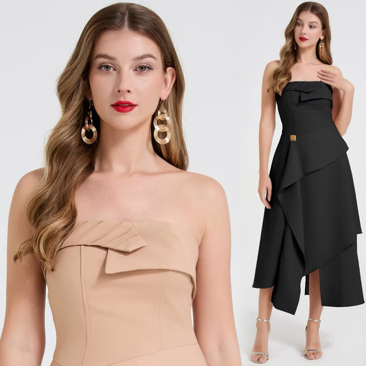 CM-DY060397 Women Elegant European Style Wrapped Sleeveless High Waist Midi Dress (Available in 2 colors)