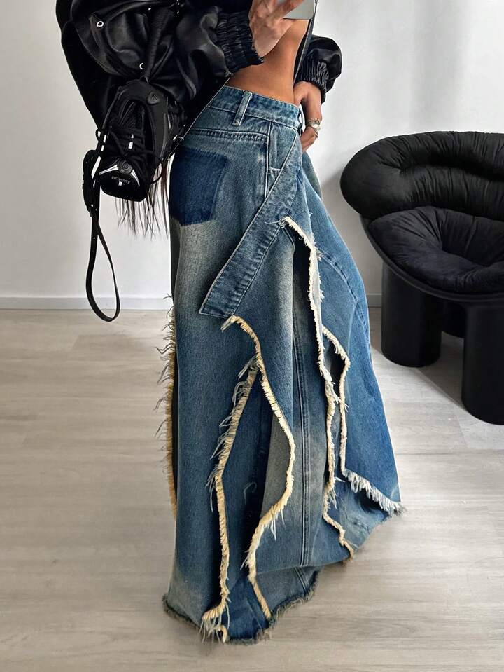 CM-BS701412 Women Casual Seoul Style Mid Waist Frayed Design Long Denim Skirt - Blue