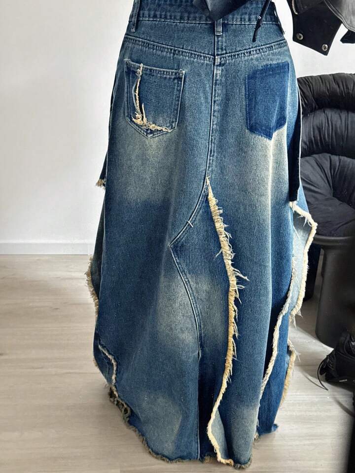 CM-BS701412 Women Casual Seoul Style Mid Waist Frayed Design Long Denim Skirt - Blue