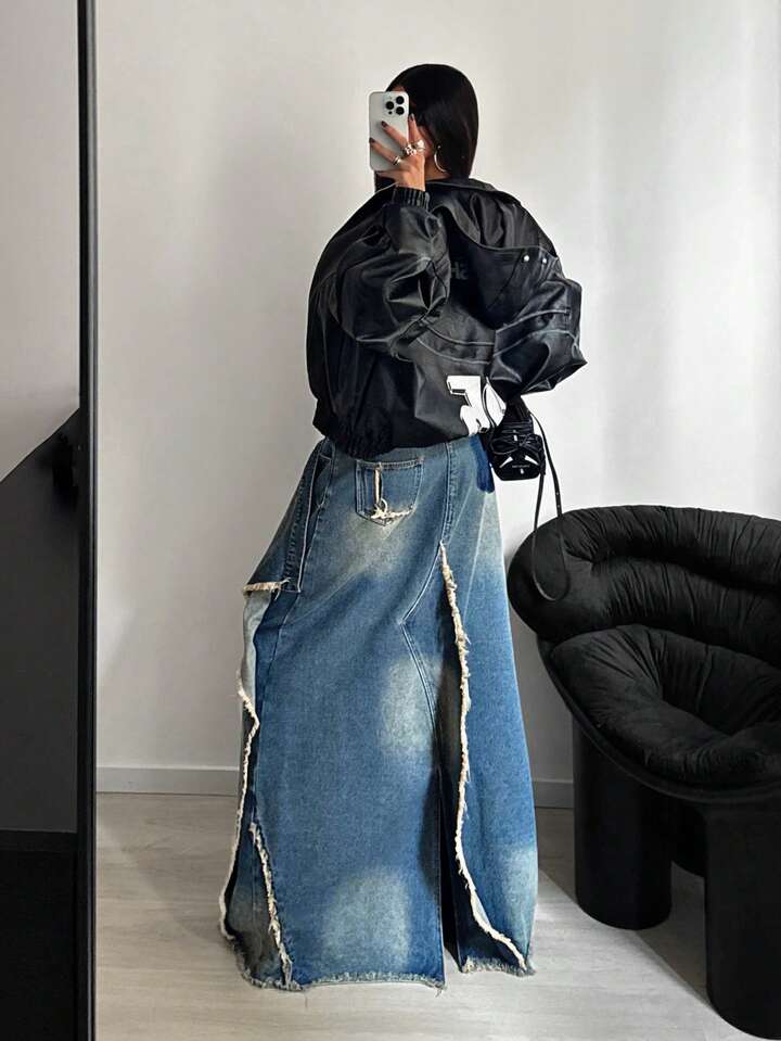 CM-BS701412 Women Casual Seoul Style Mid Waist Frayed Design Long Denim Skirt - Blue