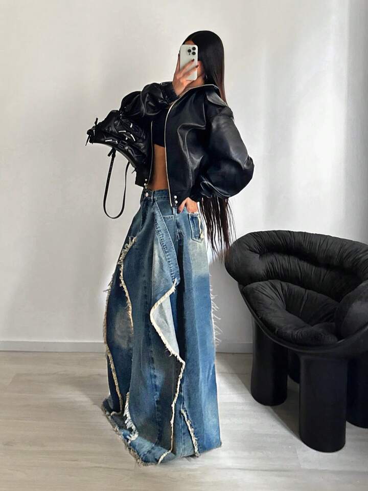 CM-BS701412 Women Casual Seoul Style Mid Waist Frayed Design Long Denim Skirt - Blue