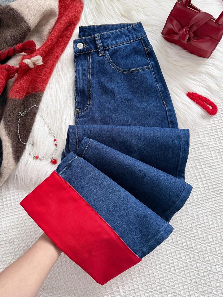 CM-BS270672 Women Casual Seoul Style Color Block Design Red Cuff Detail High Waist Wide Leg Denim Trousers