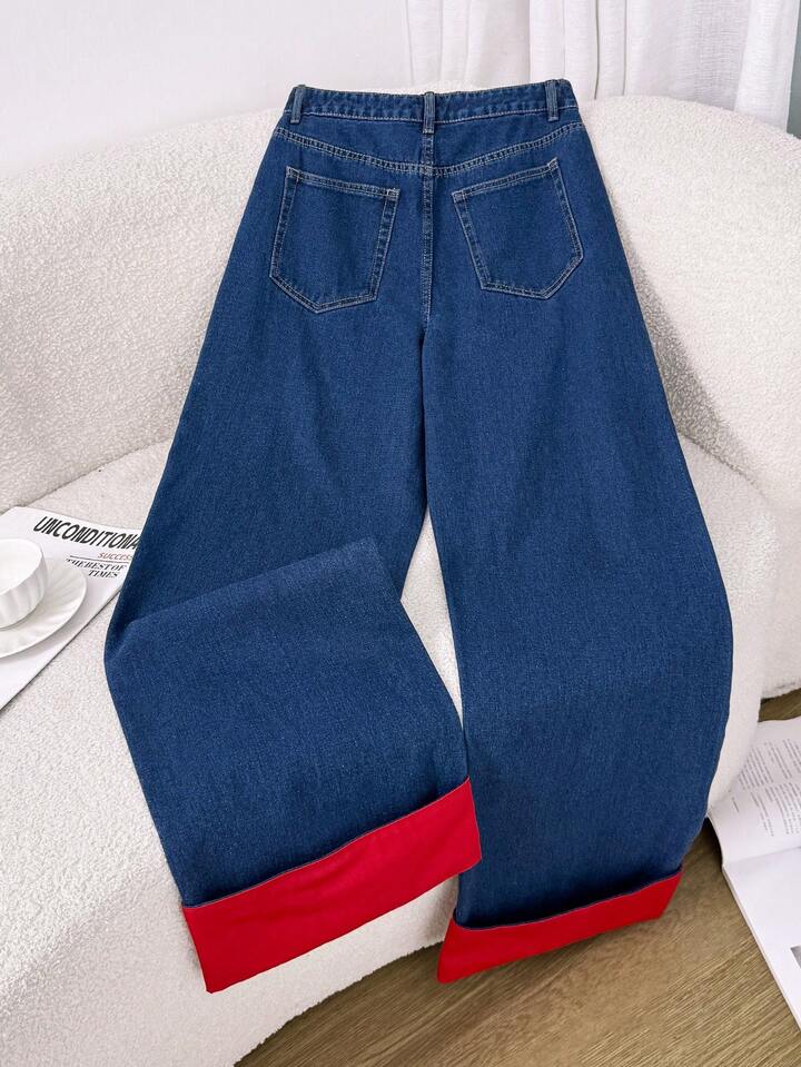 CM-BS270672 Women Casual Seoul Style Color Block Design Red Cuff Detail High Waist Wide Leg Denim Trousers