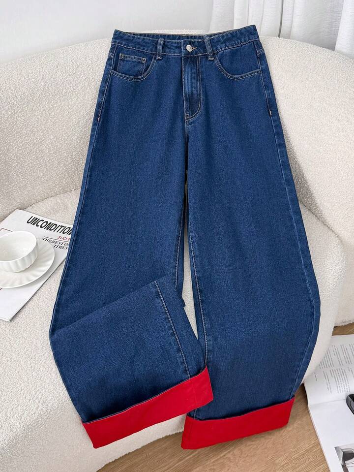 CM-BS270672 Women Casual Seoul Style Color Block Design Red Cuff Detail High Waist Wide Leg Denim Trousers