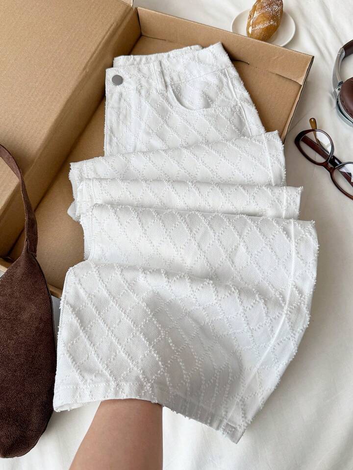 CM-BS532995 Women Casual Seoul Style Unique Diamond Textured Pattern Pocket Loose Wide Leg Jeans - White
