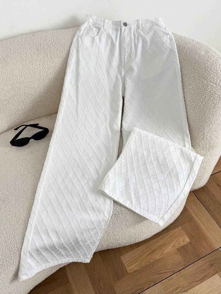 CM-BS532995 Women Casual Seoul Style Unique Diamond Textured Pattern Pocket Loose Wide Leg Jeans - White