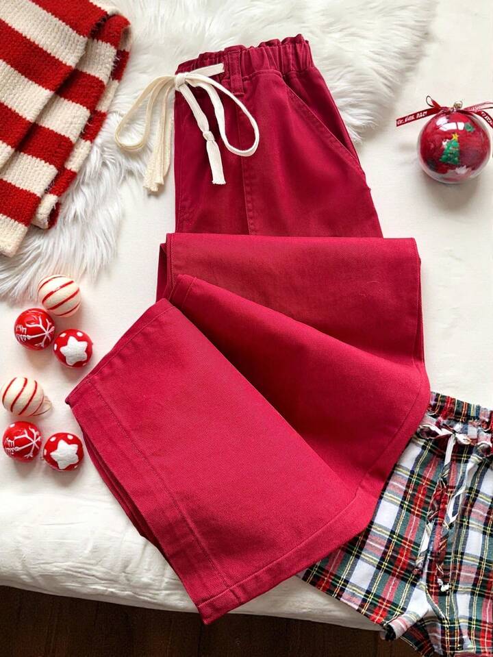 CM-BS041466 Women Casual Seoul Style Drawstring Mid Waist Pockets Wide Leg Loose Jeans - Red