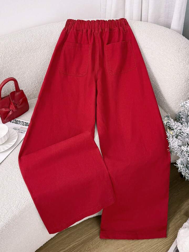 CM-BS041466 Women Casual Seoul Style Drawstring Mid Waist Pockets Wide Leg Loose Jeans - Red
