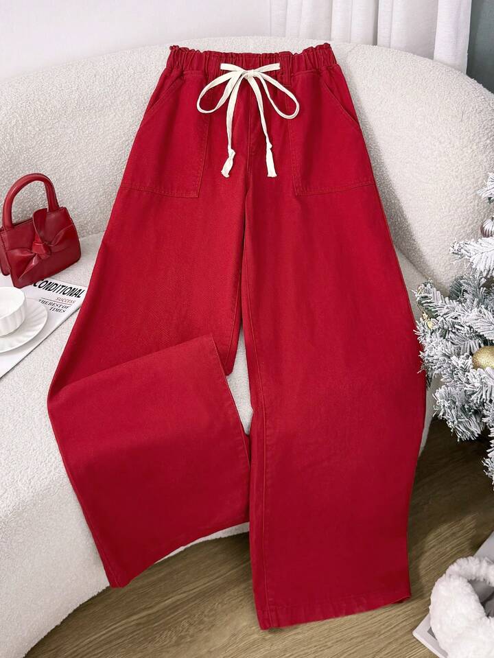 CM-BS041466 Women Casual Seoul Style Drawstring Mid Waist Pockets Wide Leg Loose Jeans - Red