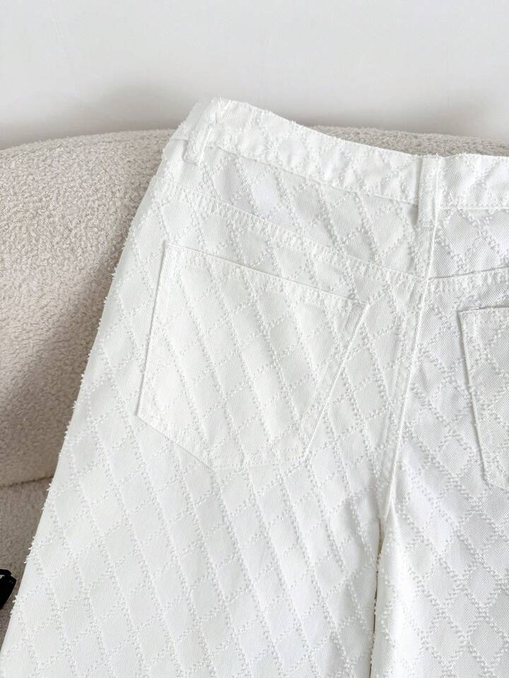 CM-BS532995 Women Casual Seoul Style Unique Diamond Textured Pattern Pocket Loose Wide Leg Jeans - White