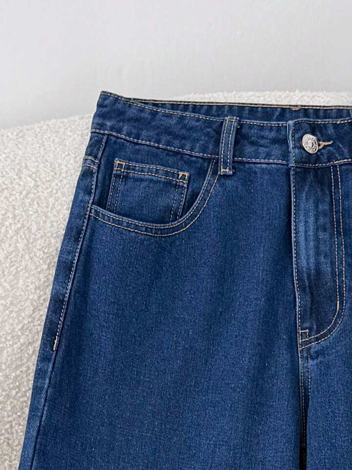 CM-BS270672 Women Casual Seoul Style Color Block Design Red Cuff Detail High Waist Wide Leg Denim Trousers