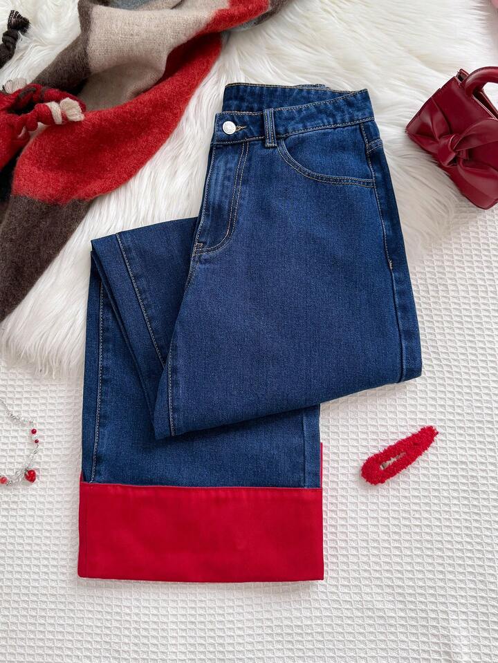 CM-BS270672 Women Casual Seoul Style Color Block Design Red Cuff Detail High Waist Wide Leg Denim Trousers