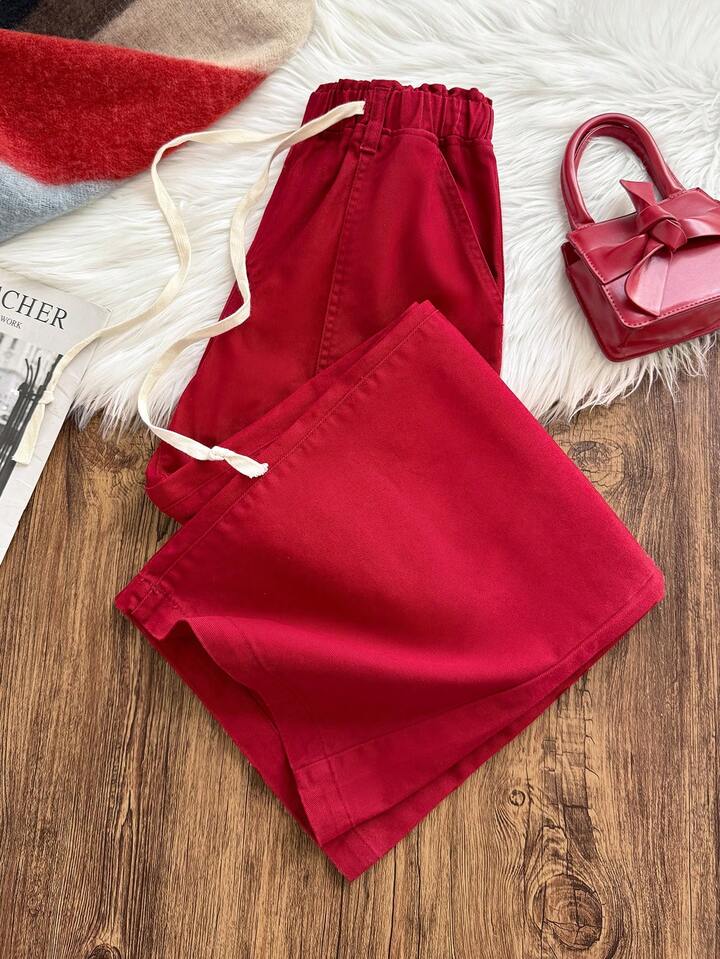 CM-BS041466 Women Casual Seoul Style Drawstring Mid Waist Pockets Wide Leg Loose Jeans - Red