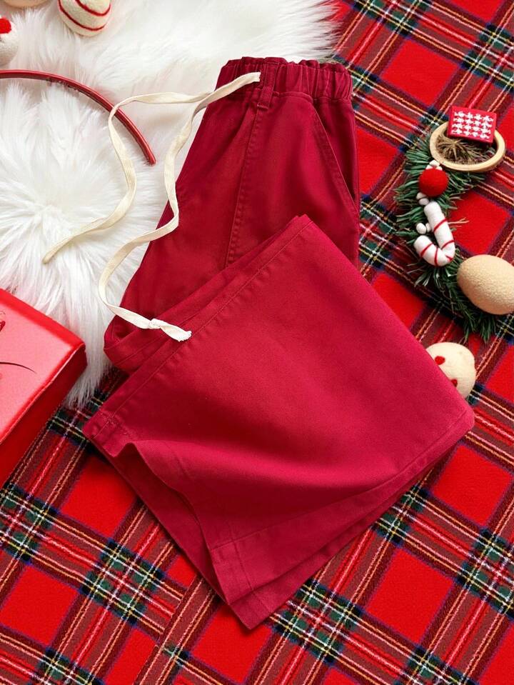 CM-BS041466 Women Casual Seoul Style Drawstring Mid Waist Pockets Wide Leg Loose Jeans - Red