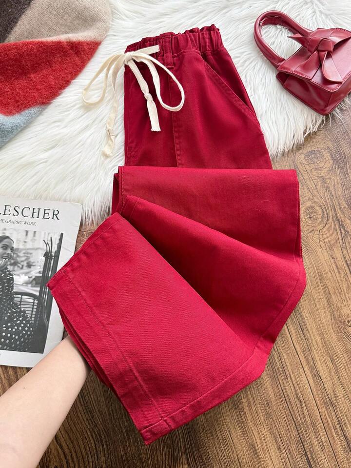 CM-BS041466 Women Casual Seoul Style Drawstring Mid Waist Pockets Wide Leg Loose Jeans - Red