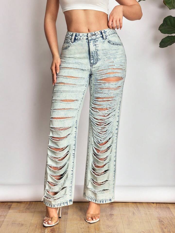 CM-BS445403 Women Casual Seoul Style Light Wash Distressed High Waist Straight Leg Jeans