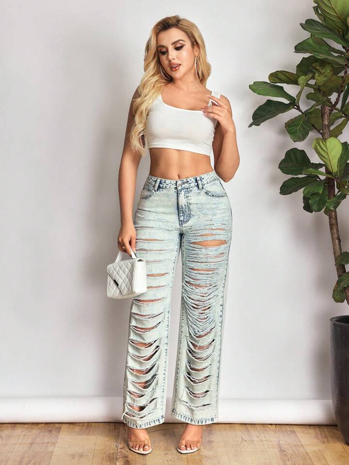 CM-BS445403 Women Casual Seoul Style Light Wash Distressed High Waist Straight Leg Jeans