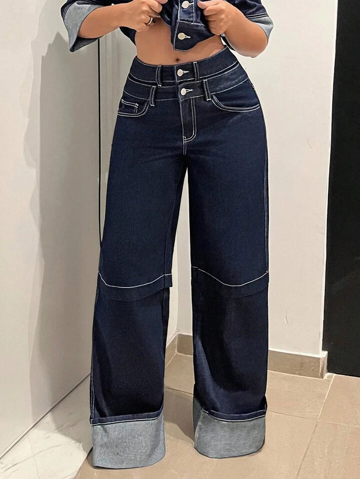 CM-BS546241 Women Casual Seoul Style Mid Waist Double Waistband Loose Wide Leg Jeans - Blue