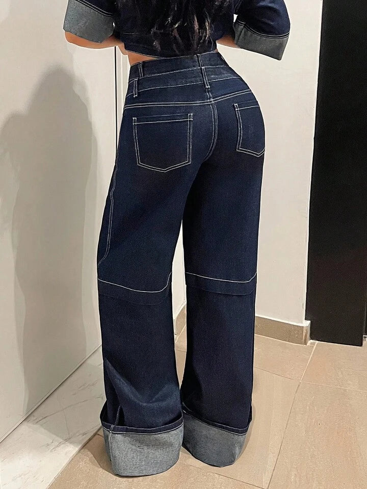 CM-BS546241 Women Casual Seoul Style Mid Waist Double Waistband Loose Wide Leg Jeans - Blue