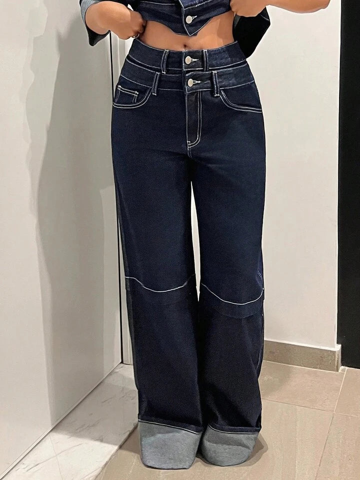 CM-BS546241 Women Casual Seoul Style Mid Waist Double Waistband Loose Wide Leg Jeans - Blue