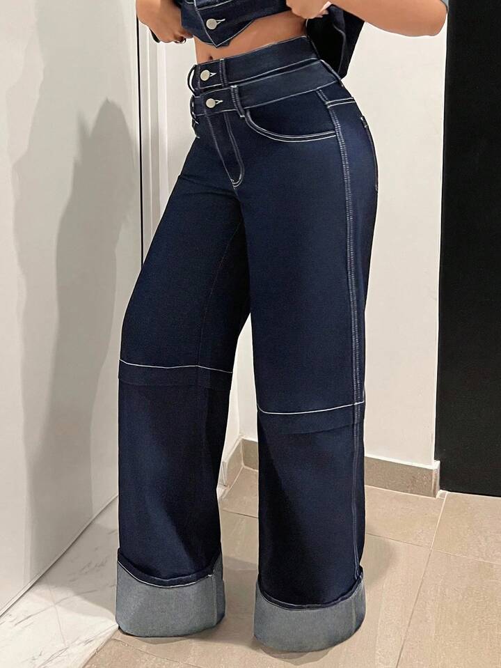 CM-BS546241 Women Casual Seoul Style Mid Waist Double Waistband Loose Wide Leg Jeans - Blue