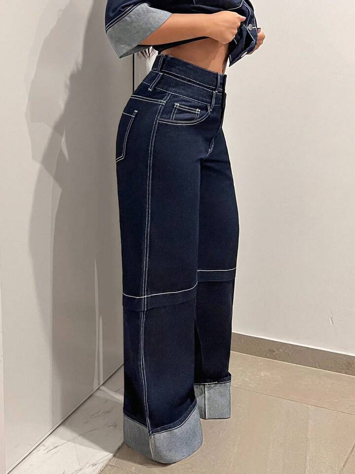 CM-BS546241 Women Casual Seoul Style Mid Waist Double Waistband Loose Wide Leg Jeans - Blue