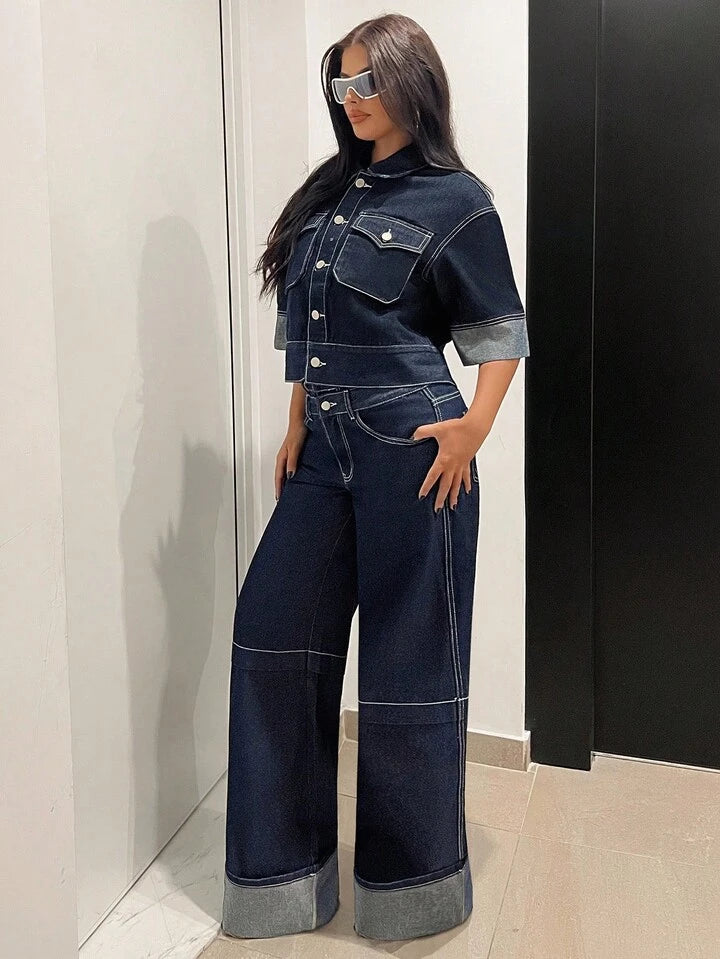 CM-BS546241 Women Casual Seoul Style Mid Waist Double Waistband Loose Wide Leg Jeans - Blue