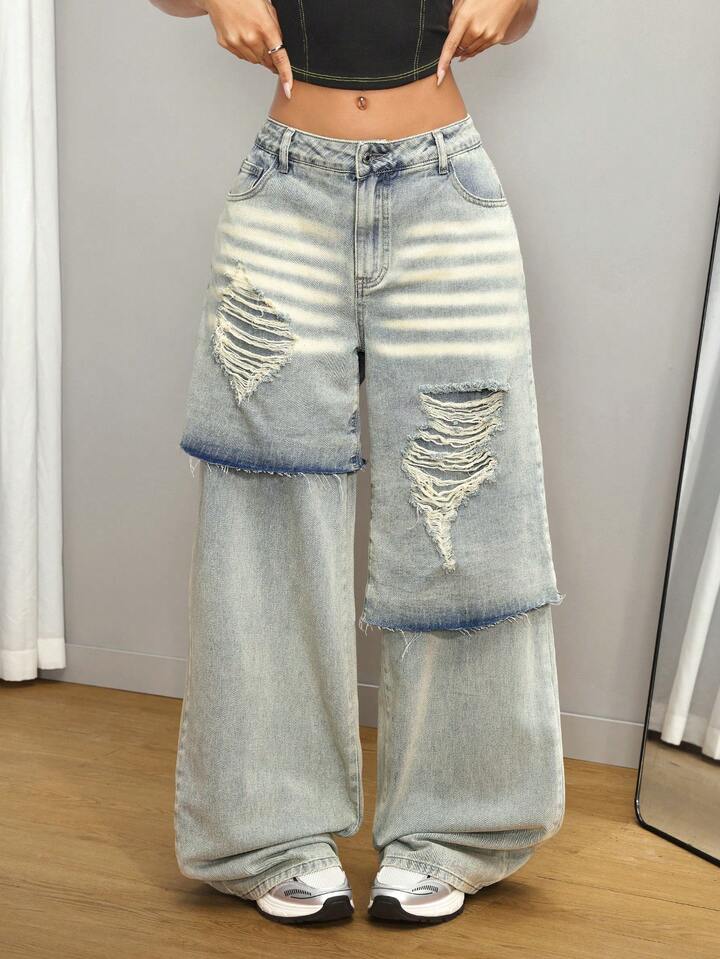 CM-BS829909 Women Casual Seoul Style Light Washed Low Waist Loose Wide-Leg Jeans