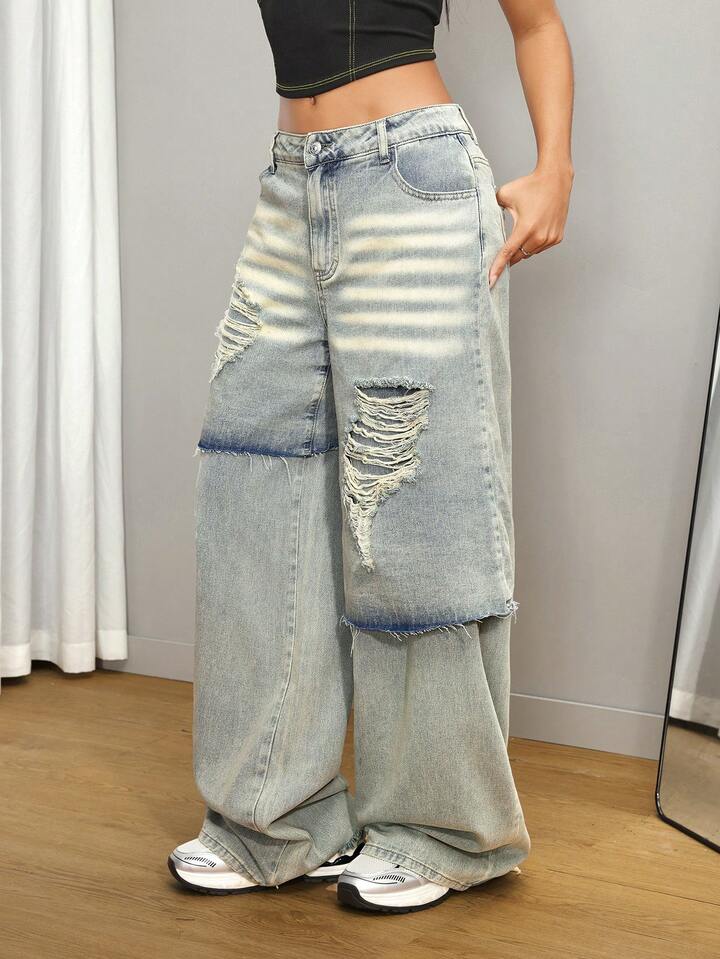 CM-BS829909 Women Casual Seoul Style Light Washed Low Waist Loose Wide-Leg Jeans