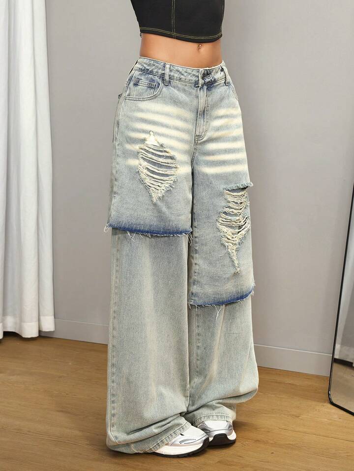 CM-BS829909 Women Casual Seoul Style Light Washed Low Waist Loose Wide-Leg Jeans