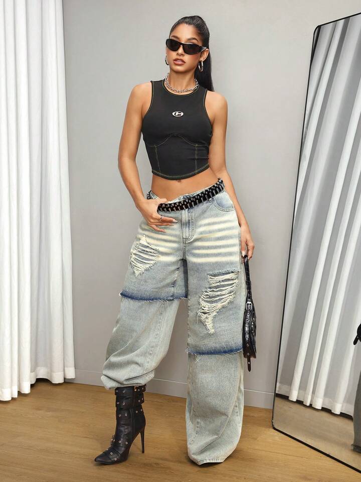 CM-BS829909 Women Casual Seoul Style Light Washed Low Waist Loose Wide-Leg Jeans