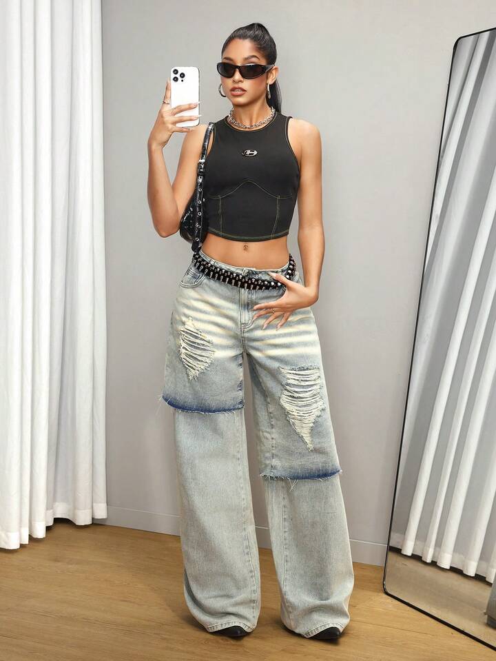 CM-BS829909 Women Casual Seoul Style Light Washed Low Waist Loose Wide-Leg Jeans