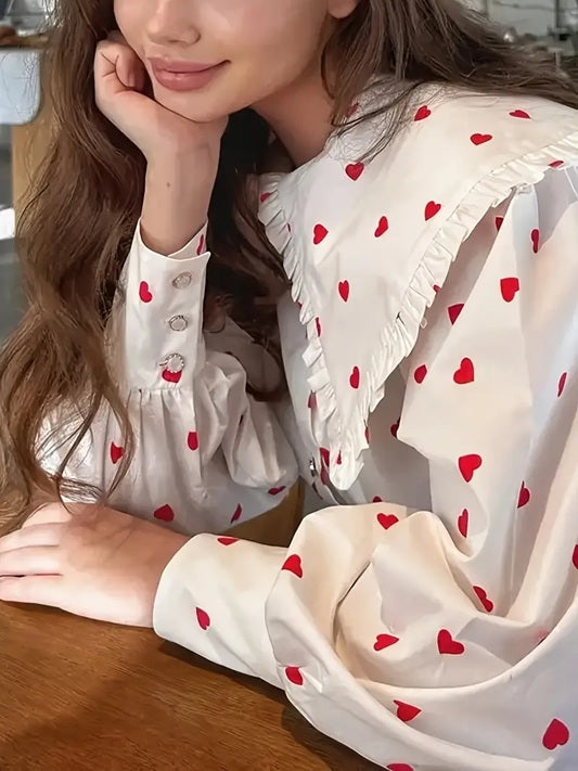 CM-TT405734 Women Elegant European Style Heart Pattern Ruffle Collar Blouse - White