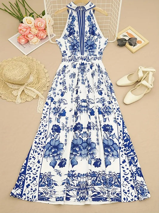 CM-DT140200 Women Casual Seoul Style Floral Print Halter Neck Sleeveless A-Line Midi Dress - Blue