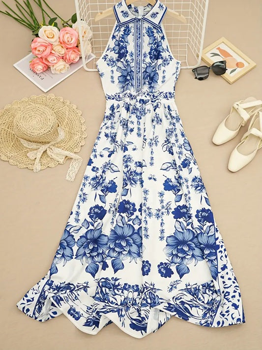 CM-DT140200 Women Casual Seoul Style Floral Print Halter Neck Sleeveless A-Line Midi Dress - Blue