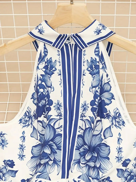 CM-DT140200 Women Casual Seoul Style Floral Print Halter Neck Sleeveless A-Line Midi Dress - Blue
