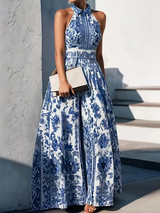 CM-DT140200 Women Casual Seoul Style Floral Print Halter Neck Sleeveless A-Line Midi Dress - Blue