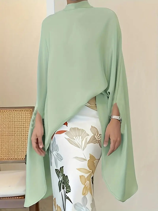 CM-TT053027 Women Casual Seoul Style Mock Neck Cape Asymmetric Hem Top