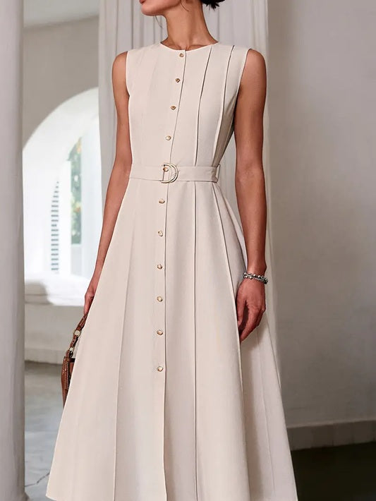 CM-DT115493 Women Elegant Seoul Style Crew Neck Sleeveless Belted Long Dress - Apricot